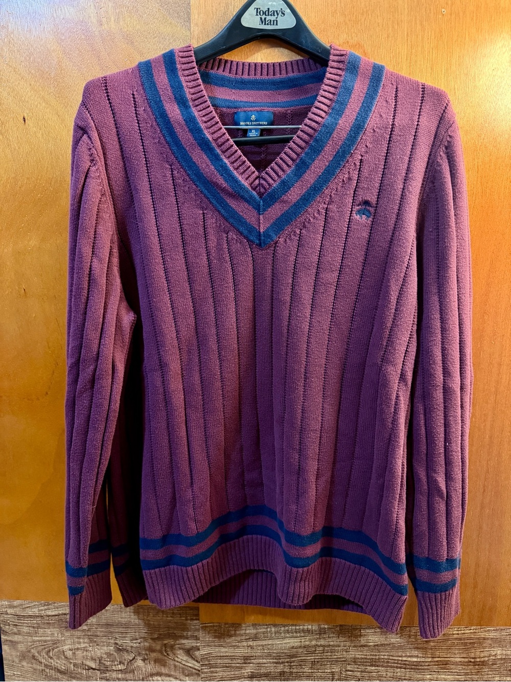 Brooks Brothers Burgundy V-Neck Sweater with Navy Trim